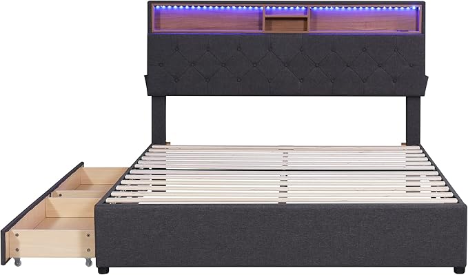 Queen Size Bed Frame with LED Headboard, USB Charging, Upholstered Platform Bed with Storage Drawers and Headboard, No Box Spring Needed, Dark Gray - LeafyLoom