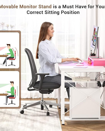 armocity Computer Desk with LED Lights, 48 Inch Desk with Power Outlet and USB, Reversible Large Desk with Moveable Monitor Stand, 48'' Gaming PC Table for Home Office, Workstation, Pink and White - LeafyLoom
