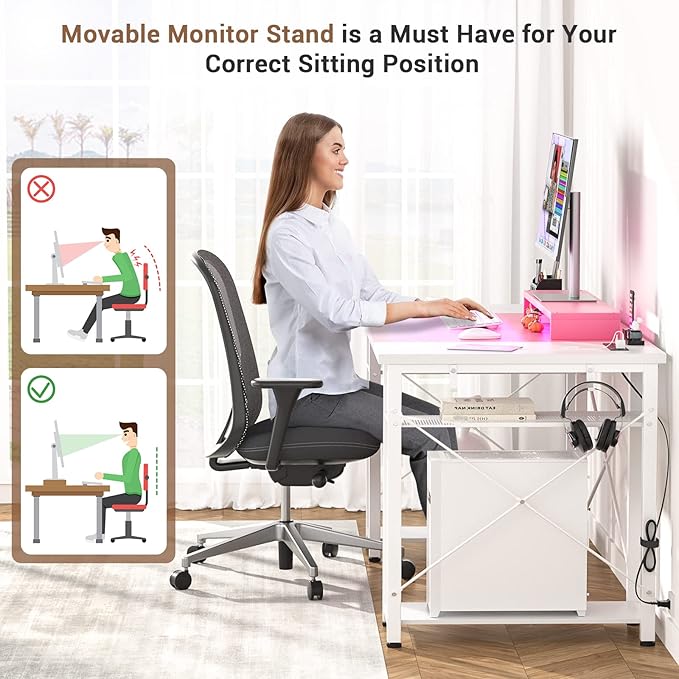 armocity Computer Desk with LED Lights, 55 Inch Desk with Power Outlet and USB, Reversible Large Desk with Moveable Monitor Stand, 55.2'' Gaming PC Table for Home Office, Workstation, Pink and White - LeafyLoom