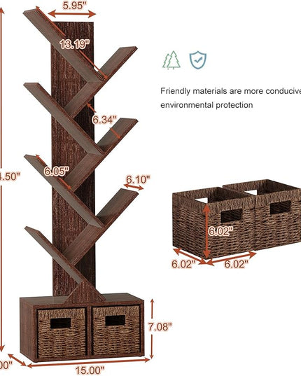 Vagusicc 6 Tier Tree Bookshelf - Retro Shelf Floor Standing Bookcase with Baskets, Tall Wood Book Storage Rack for Books/CDs, Tree Utility Book Organizer Shelves for Living Room, Home Office, Bedroom - LeafyLoom