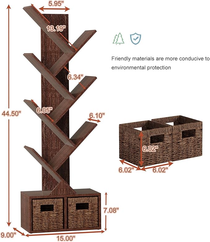 Vagusicc 6 Tier Tree Bookshelf - Retro Shelf Floor Standing Bookcase with Baskets, Tall Wood Book Storage Rack for Books/CDs, Tree Utility Book Organizer Shelves for Living Room, Home Office, Bedroom - LeafyLoom