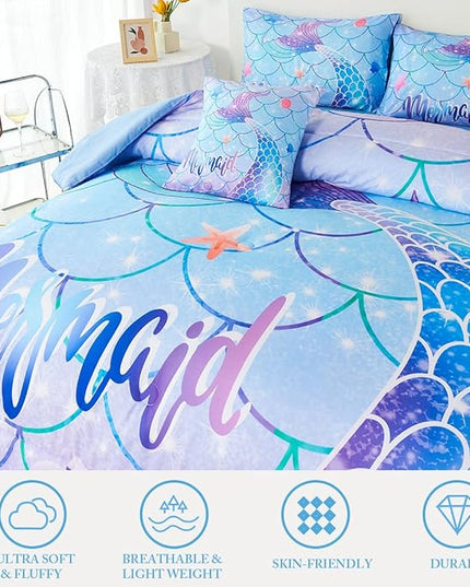 URBONUR Mermaid Tail Bedding Set Queen Size, 6Pcs Fish Scales Print Bed in a Bag Girls Queen Comforter Set, Ombre Aqua Blue Teal Pink Purple Bed Sets for Girls Bedroom Decor - LeafyLoom