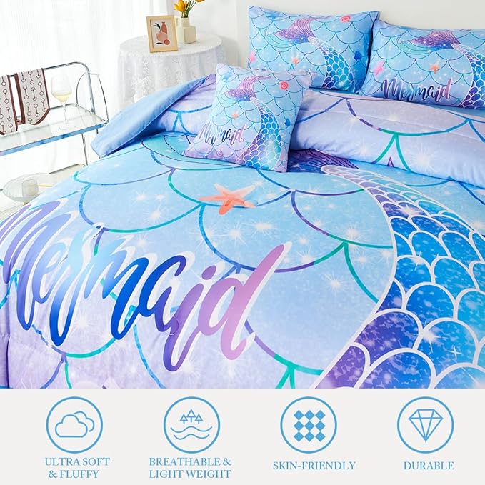 URBONUR Mermaid Tail Bedding Set Queen Size, 6Pcs Fish Scales Print Bed in a Bag Girls Queen Comforter Set, Ombre Aqua Blue Teal Pink Purple Bed Sets for Girls Bedroom Decor - LeafyLoom