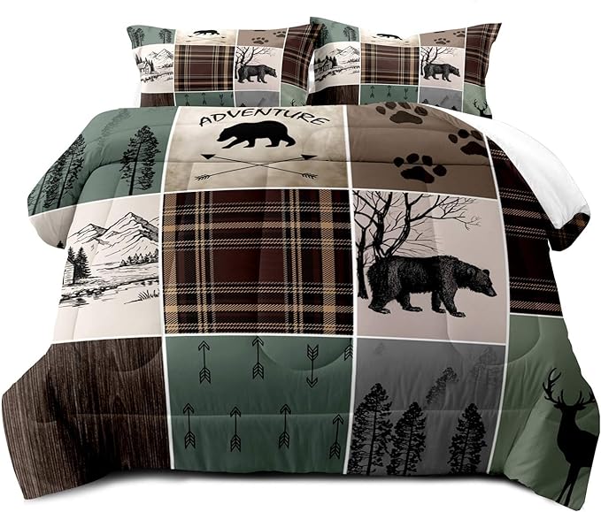 LUVIVIHOME 2PCS Farmhouse Comforter Set, Brown Plaid Patchwork Sage Green Twin Comforter, Black Bear Deer Elk Moose Woodland Forest Animal Wildlife Lodge Country Rustic Cabin Bedding, 1 Pillow Sham - LeafyLoom