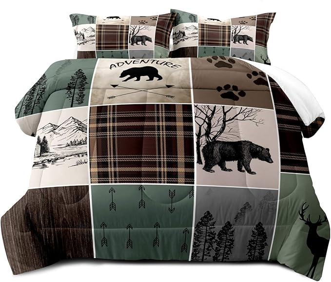 LUVIVIHOME 3PCS Farmhouse Cabin Comforter Set, Brown Plaid Patchwork Sage Green Full Size Comforter, Black Bear Deer Moose Woodland Forest Animal Wildlife Lodge Country Rustic Bedding, 2 Pillow Shams - LeafyLoom