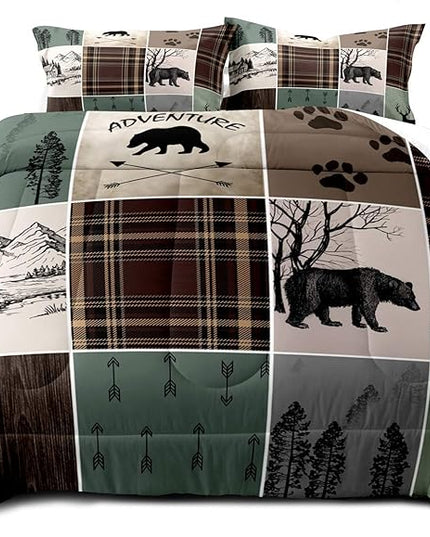 LUVIVIHOME 3PCS Rustic Farmhouse Comforter Set King, Brown Plaid Patchwork Sage Green Comforter, Black Bear Deer Elk Moose Woodland Forest Animal Wildlife Cabin Lodge Country Bedding, 2 Pillow Shams - LeafyLoom