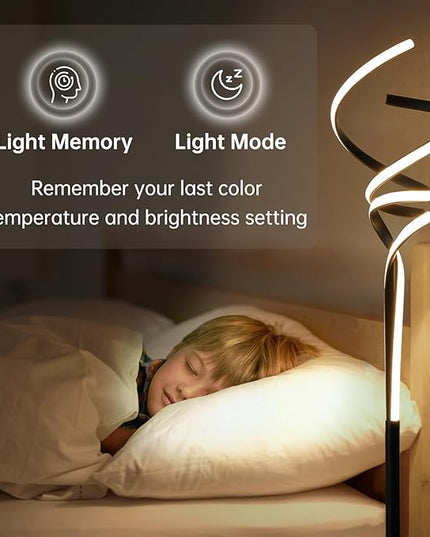 Modern Spiral Floor Lamps for Living Room, LED Spiral Floor Lamp 48W Tall Standing Lamp Timing 63"-67" Adjustable Height 3 Color Dimable Corner Black Floor Lamps for Bedroom Office - LeafyLoom