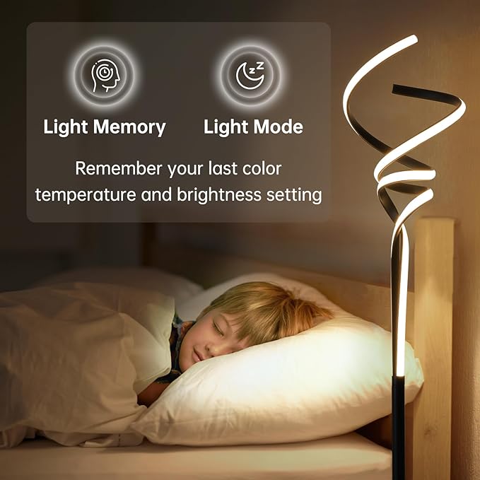 Modern Spiral Floor Lamps for Living Room, LED Spiral Floor Lamp 48W Tall Standing Lamp Timing 63"-67" Adjustable Height 3 Color Dimable Corner Black Floor Lamps for Bedroom Office - LeafyLoom