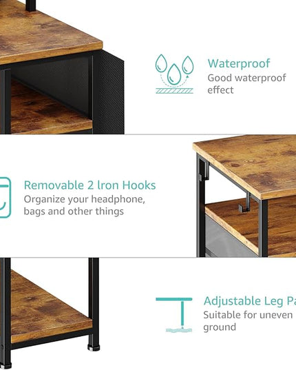 Lufeiya Computer Desk with Fabric File Drawers Cabinet, 55 Inch Home Office Desk with Shelves Monitor Stand, Study Writing Gaming Desks with Led Light Power Outlets for Bedroom, Rustic Brown - LeafyLoom