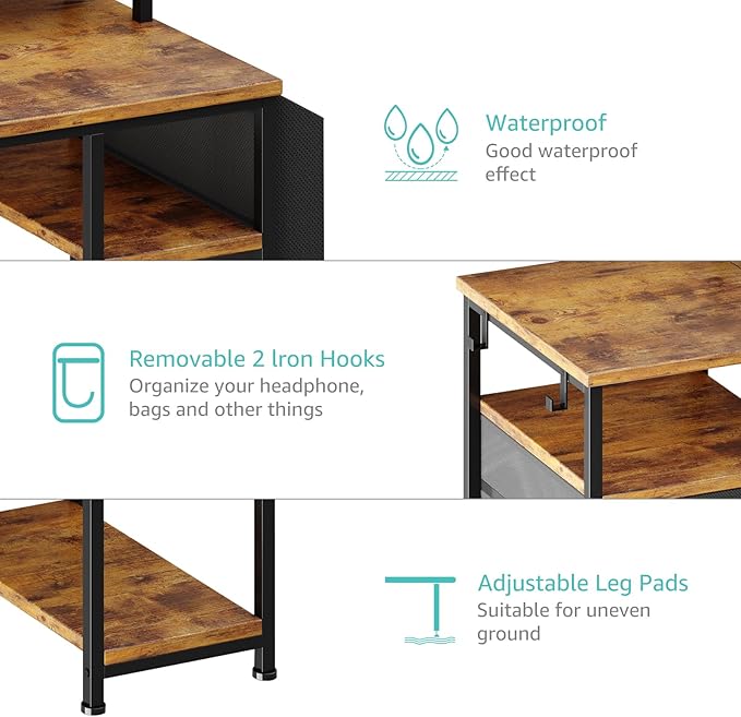 Lufeiya Computer Desk with Fabric File Drawers Cabinet, 55 Inch Home Office Desk with Shelves Monitor Stand, Study Writing Gaming Desks with Led Light Power Outlets for Bedroom, Rustic Brown - LeafyLoom