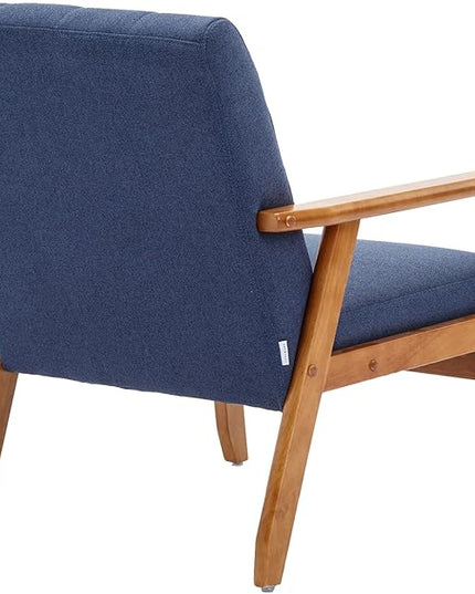 Mid-Century Accent, Modern Single Armchair, Upholstered Leisure Lounge Chair wth Solid Wood Armrest and Feet for Living Room, Bedroom, Office, Navy Blue - LeafyLoom