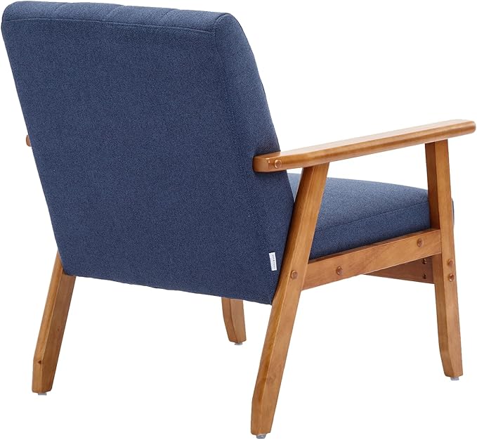 Mid-Century Accent, Modern Single Armchair, Upholstered Leisure Lounge Chair wth Solid Wood Armrest and Feet for Living Room, Bedroom, Office, Navy Blue - LeafyLoom