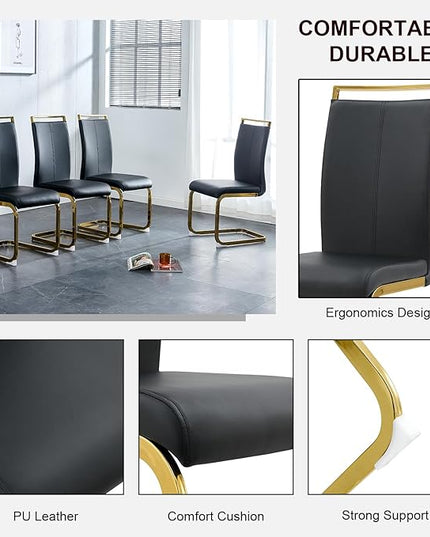 Modern Dining Chairs Set of 6,High Back Black Kitchen Chairs,Faux Leather Side Chair with Gold Plated Metal Legs,Easy to Clean Upholstered Dining Chairs,Ideal for Living Room(Gold Leg) - LeafyLoom