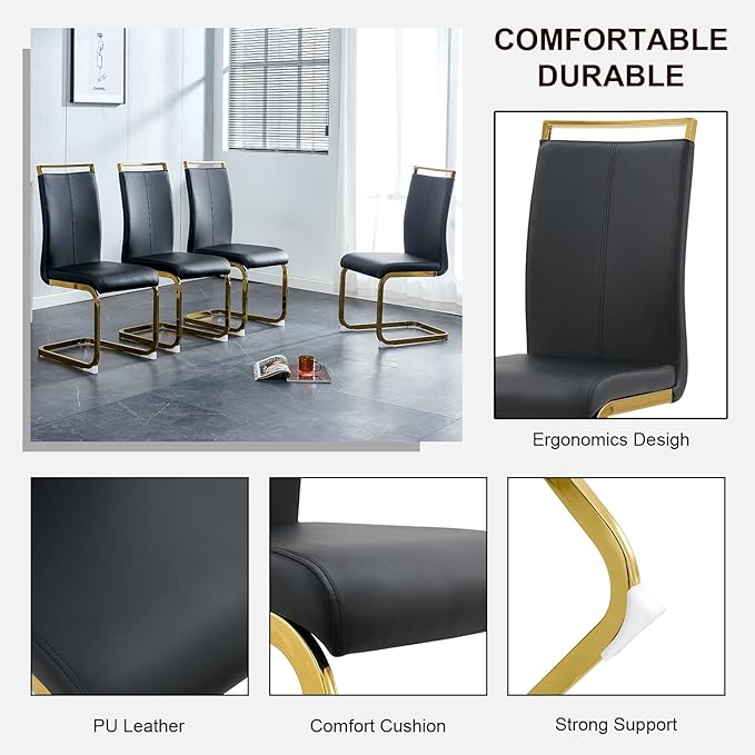 Modern Dining Chairs Set of 6,High Back Black Kitchen Chairs,Faux Leather Side Chair with Gold Plated Metal Legs,Easy to Clean Upholstered Dining Chairs,Ideal for Living Room(Gold Leg) - LeafyLoom
