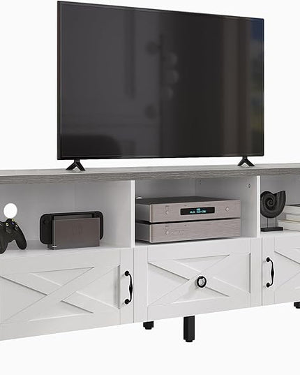 YITAHOME Mid-Century Modern TV Stand for 70/65/60/55 inch, Boho Wood TV Table Farmhouse Media Console with Storage Cabinet and Open Shelves for Living Room, Bedroom, 65 inch, White/Grey - LeafyLoom