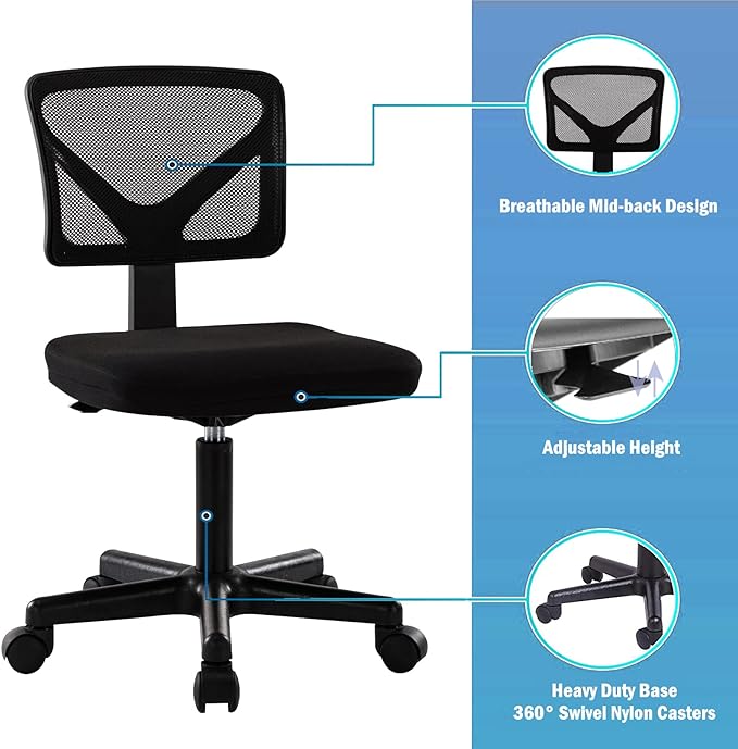 Armless Mesh Task Low Back Ergonomic Home Computer Rolling Swivel for Small Spaces, Height Adjustable, Black - LeafyLoom