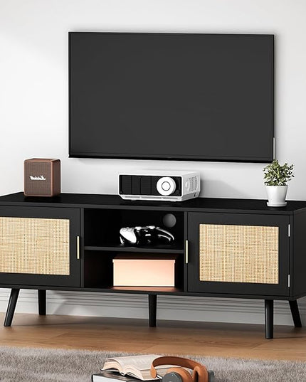 Anmytek Farmhouse Rattan TV Stand for 55 Inches TV Mid Century Modern Entertainment Center with Storage Cabinet Wood Small Media Console for Living Room Black H0056 - LeafyLoom