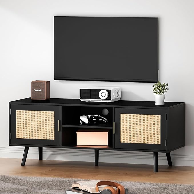 Anmytek Farmhouse Rattan TV Stand for 55 Inches TV Mid Century Modern Entertainment Center with Storage Cabinet Wood Small Media Console for Living Room Black H0056 - LeafyLoom