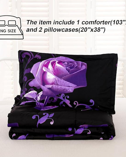 WONGS BEDDING Purple Comforter Set King Reversible Purple Rose Pattern Bedding Comforter with 2 Pillowcases for All Seasons, Soft Microfiber Filling Bedding 103"x90" - LeafyLoom