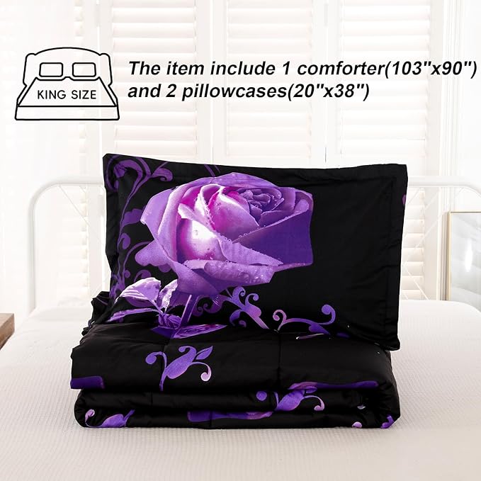 WONGS BEDDING Purple Comforter Set King Reversible Purple Rose Pattern Bedding Comforter with 2 Pillowcases for All Seasons, Soft Microfiber Filling Bedding 103"x90" - LeafyLoom