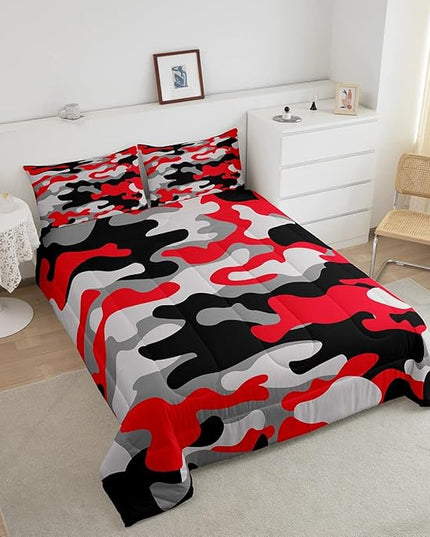 Queen Size Camouflage Comforter Set 3Pcs Kids Bedding Set for Boys Girls Teens 1 Comforter & 2 Pillowcases(Queen,Red Black) Boys - LeafyLoom