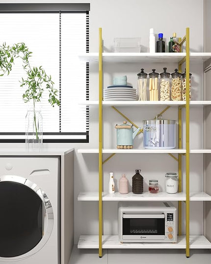 5 Tiers Bookshelf Organizer White Faux Marble Shelf,Modern Open Display Storage Bookcase, and Metal Bookshelf Standing Storage Shelf Tall Shelving Units for Home Office Study - LeafyLoom
