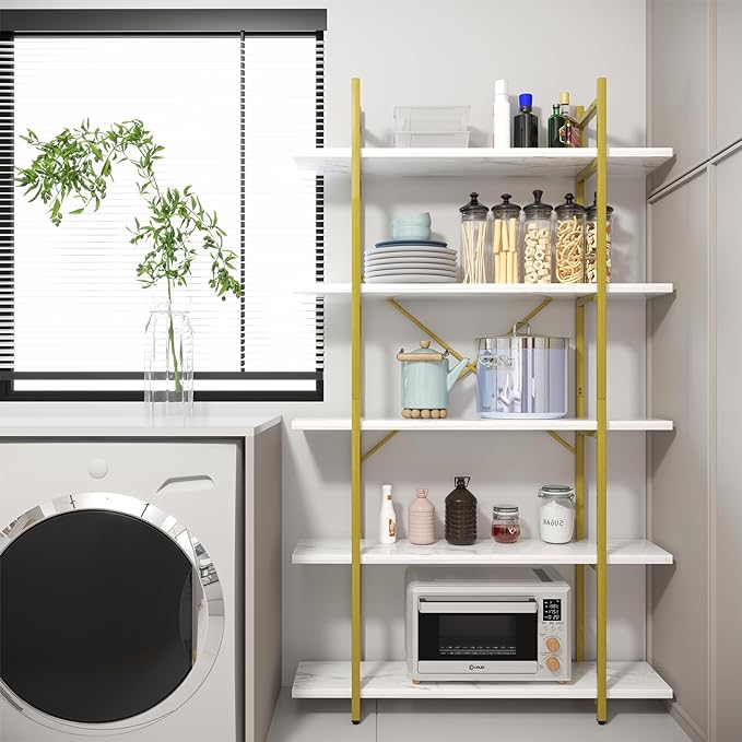 5 Tiers Bookshelf Organizer White Faux Marble Shelf,Modern Open Display Storage Bookcase, and Metal Bookshelf Standing Storage Shelf Tall Shelving Units for Home Office Study - LeafyLoom