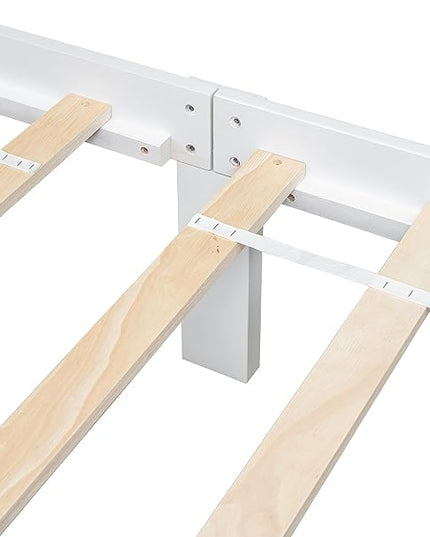 Twin Bed with Footboard Bench, Twin Kid Bed with Headboard, Wood Slat Support, Cute Kid Bed Frame with Book Storage Space, Twin Car Bed for Boys Girls Bedroom, No Box Spring Needed, White - LeafyLoom