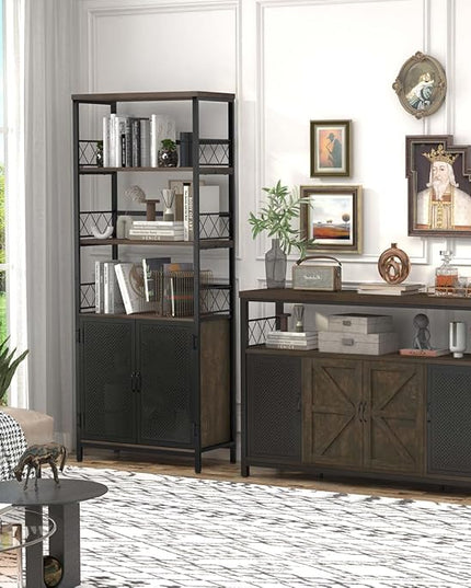 Farmhouse Bookshelf with Storage, Industrial Tall Book Shellf with Doors, Rustic Wood Bookcase with Cabinet for Home Office, Living Room, Bedroom (Walnut Brown) - LeafyLoom