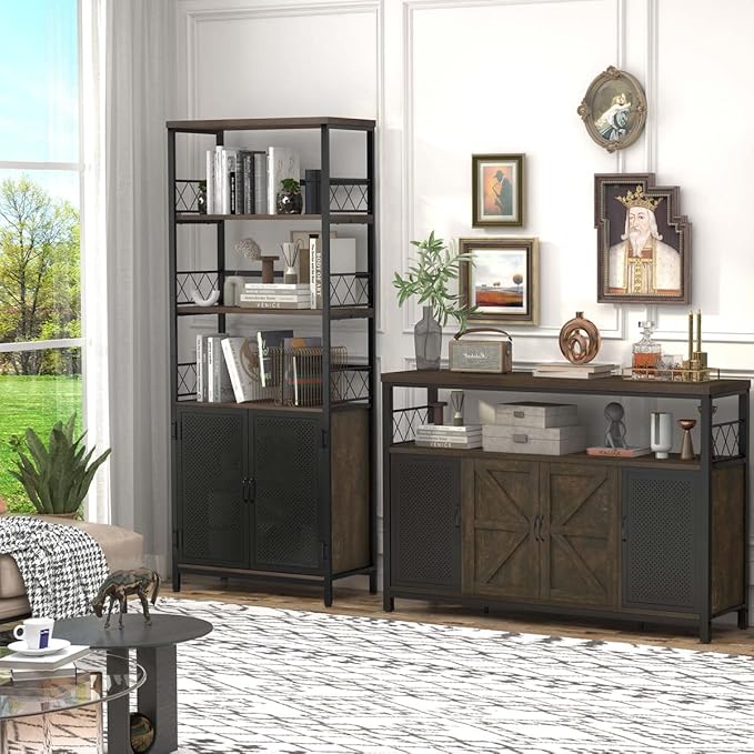 Farmhouse Bookshelf with Storage, Industrial Tall Book Shellf with Doors, Rustic Wood Bookcase with Cabinet for Home Office, Living Room, Bedroom (Walnut Brown) - LeafyLoom