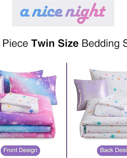 A Nice Night 6Pcs Gradient Glitter Bedding Set for Girls Twin Size, Colorful Rainbow Galaxy Comforter Set, Ultra Soft Bedding Sets, Purple - LeafyLoom