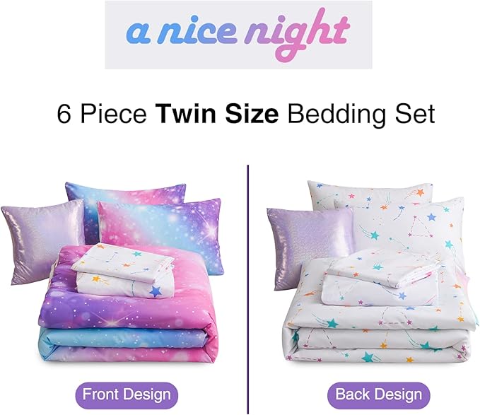 A Nice Night 6Pcs Gradient Glitter Bedding Set for Girls Twin Size, Colorful Rainbow Galaxy Comforter Set, Ultra Soft Bedding Sets, Purple - LeafyLoom