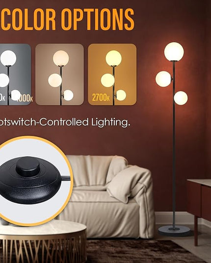 3 Globe Vintage Floor Lamp - 3 Color Options Moderm Floor Lamps for Living Room, Mid Century Standing lamp Home Decor for Bedrooms Office(Matte Black, LED Bulbs Included) - LeafyLoom