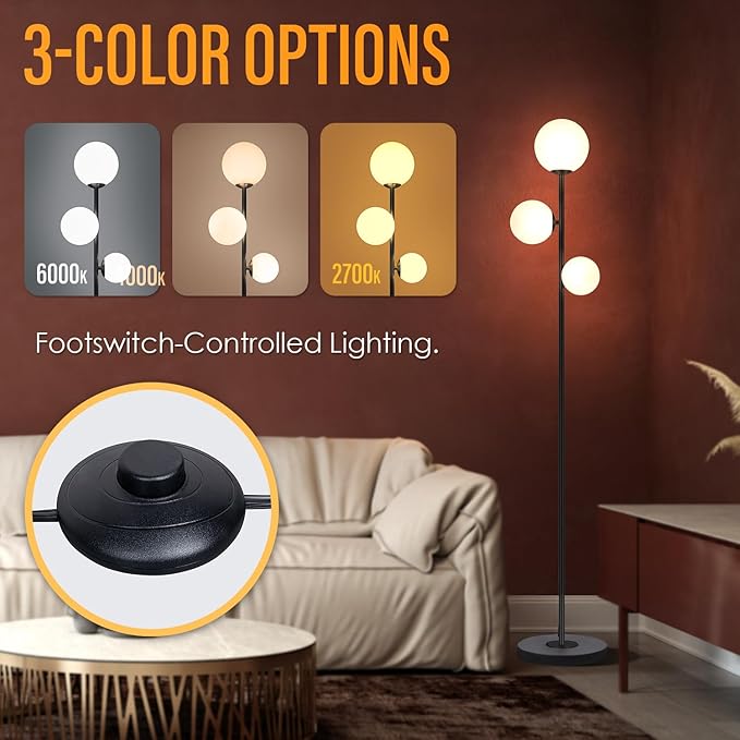3 Globe Vintage Floor Lamp - 3 Color Options Moderm Floor Lamps for Living Room, Mid Century Standing lamp Home Decor for Bedrooms Office(Matte Black, LED Bulbs Included) - LeafyLoom