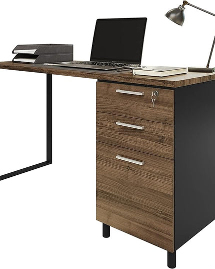 Milano Home Office Desk - 47Inch Cass Walnut/Black Home Office Desk with Drawers - Modern Computer Desk with Storage, Detachable & Lockable Computer Cabinet - Wooden Office, Study, and Writing Table - LeafyLoom