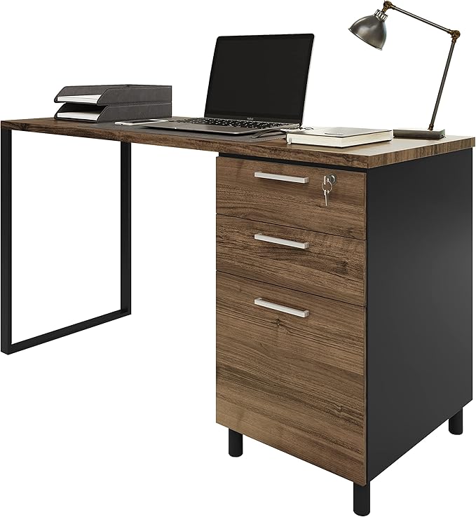 Milano Home Office Desk - 47Inch Cass Walnut/Black Home Office Desk with Drawers - Modern Computer Desk with Storage, Detachable & Lockable Computer Cabinet - Wooden Office, Study, and Writing Table - LeafyLoom