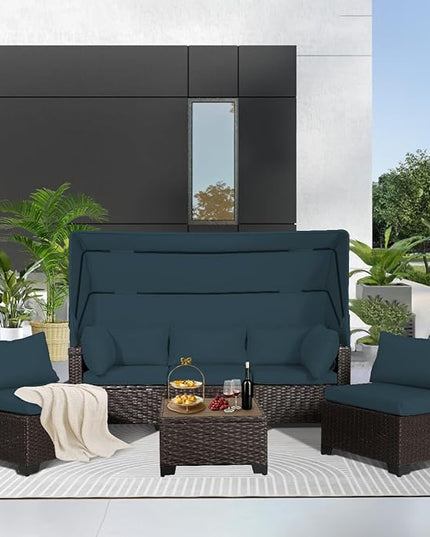 6 PCS Outdoor Patio Furniture Set,Sectional Sofa Set,Rattan Daybed with Retractable Canopy,Adjustable Backrest,Storage Coffee Table,Chaise Chair Sunbed for Garden Poolside Backyard(Sky Blue) - LeafyLoom