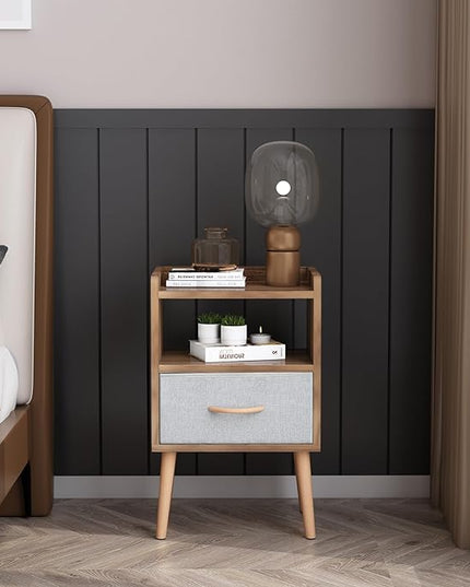 LUCKNOCK NightStand with Fabric Drawer, Bedside Table with Solid Wood Legs, Minimalist and Practical End Side Table with Open Storage Shelf for Bedroom,Walnut. - LeafyLoom