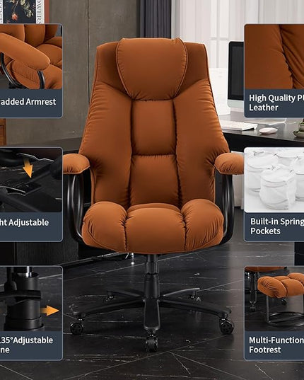 Office Chair Big and Tall, High Back Home Office Chair 400 lbs, Executive Office Chair with Ottoman, Ergonomic Office Chair with Padded Armrest, Swivel Computer Chair PU Leather (Khaki) - LeafyLoom