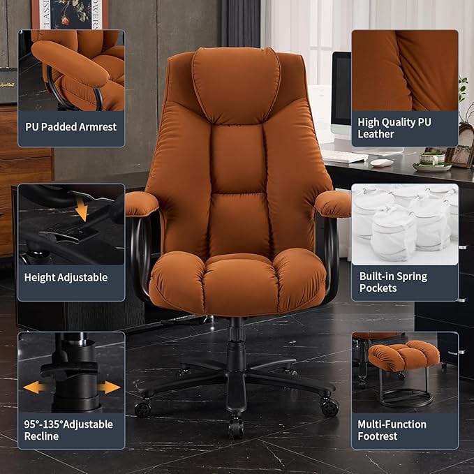 Office Chair Big and Tall, High Back Home Office Chair 400 lbs, Executive Office Chair with Ottoman, Ergonomic Office Chair with Padded Armrest, Swivel Computer Chair PU Leather (Khaki) - LeafyLoom