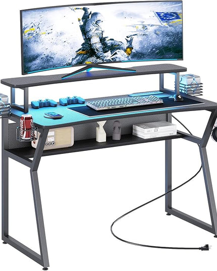 Gaming Desk with Power Outlet&Led Lights, Computer Desk with Monitor Stand and Open Shelf,Gamer Table Workstation with Cup Holder, Headphone Hook, 2 Speaker Stand for Home Office - LeafyLoom