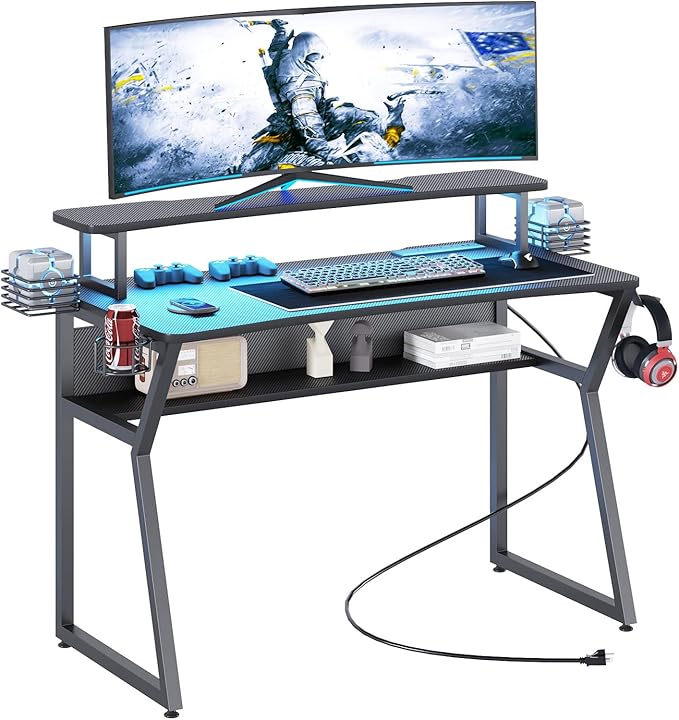 Gaming Desk with Power Outlet&Led Lights, Computer Desk with Monitor Stand and Open Shelf,Gamer Table Workstation with Cup Holder, Headphone Hook, 2 Speaker Stand for Home Office - LeafyLoom