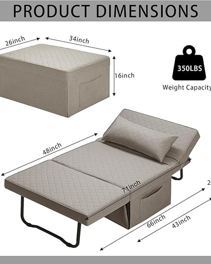 Sofa Bed, 4 in 1 Multi-Function Folding Ottoman Breathable Linen Couch Bed with Adjustable Backrest Modern Convertible Chair for Living Room Apartment Office,Squared-Linen Khaki - LeafyLoom