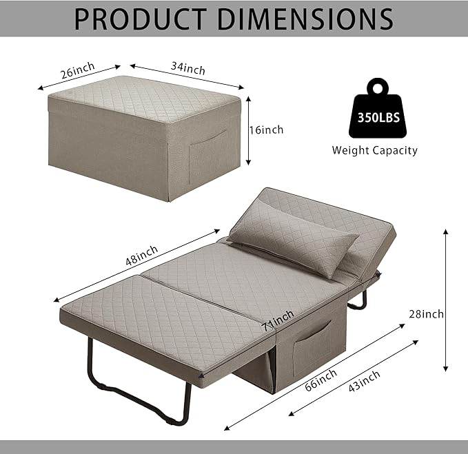 Sofa Bed, 4 in 1 Multi-Function Folding Ottoman Breathable Linen Couch Bed with Adjustable Backrest Modern Convertible Chair for Living Room Apartment Office,Squared-Linen Khaki - LeafyLoom