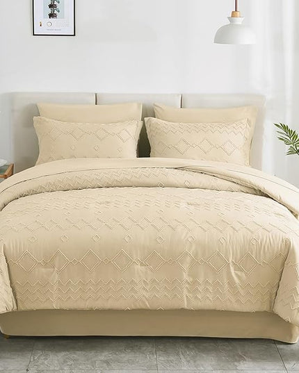 EMME Queen Comforter Set - 7 Pcs Beige Boho Bedding Sets, Full Size Tufted Comforter with Sheets, Shabby Chic Embroidery Queen Bed Set Fluffy Bed Bag for All Season(90"X90") - LeafyLoom