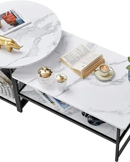 WOHOMO Coffee Table, White Modern Coffee Tables for Living Room, Detachable 2 Small Coffee Tables, Faux White Marble - LeafyLoom
