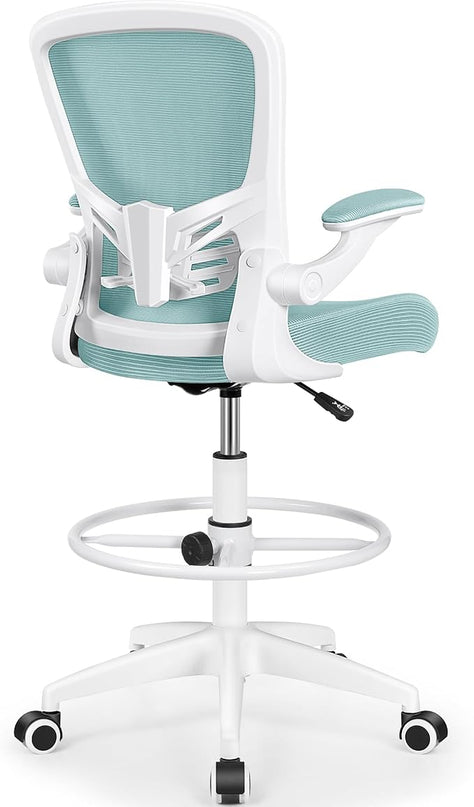 MINLOVE Drafting Office Chair, Ergonomic Tall Office Chair with Flip-up Armrests Executive Ergonomic Computer Standing Desk Chair with Lumbar Support and Adjustable Footrest(Light Blue) - LeafyLoom