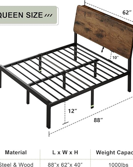 Feonase Queen Size Bed Frame with Ergonomic Storage Headboard & Charging Station, LED Platform Bed Frame, Heavy Duty Metal Slats, No Box Spring Needed, Easy Assembly, Rustic - LeafyLoom