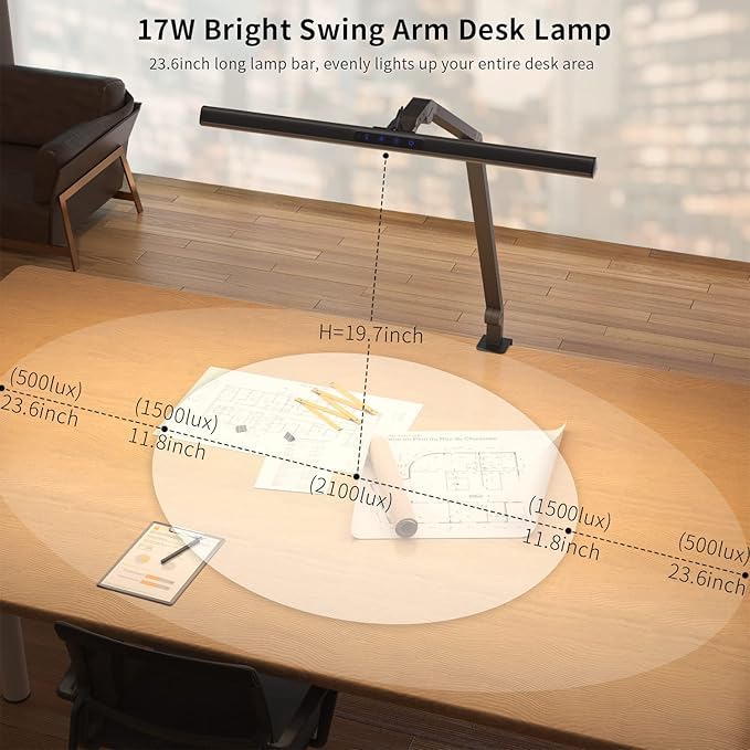 KableRika LED Desk Lamp with Clamp, 17W Super Bright Architect Swing Arm Desk Light for Home Office, Eye-Caring Task Table Lamp, Dimmable&6 Color Modes, Great Range of Motion for Office Lighting - LeafyLoom