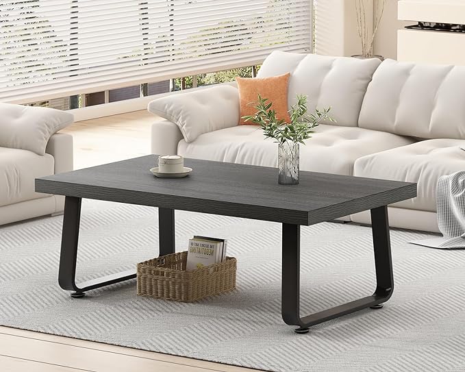 HSH Coffee Table, Industrial Wooden Coffee Table, Modern Minimalist Rectangular Center Table for Living Room, Wood and Metal Legs Cocktail Tea Table for Bedroom Home Office, Dark Gray Oak, 47 Inch - LeafyLoom
